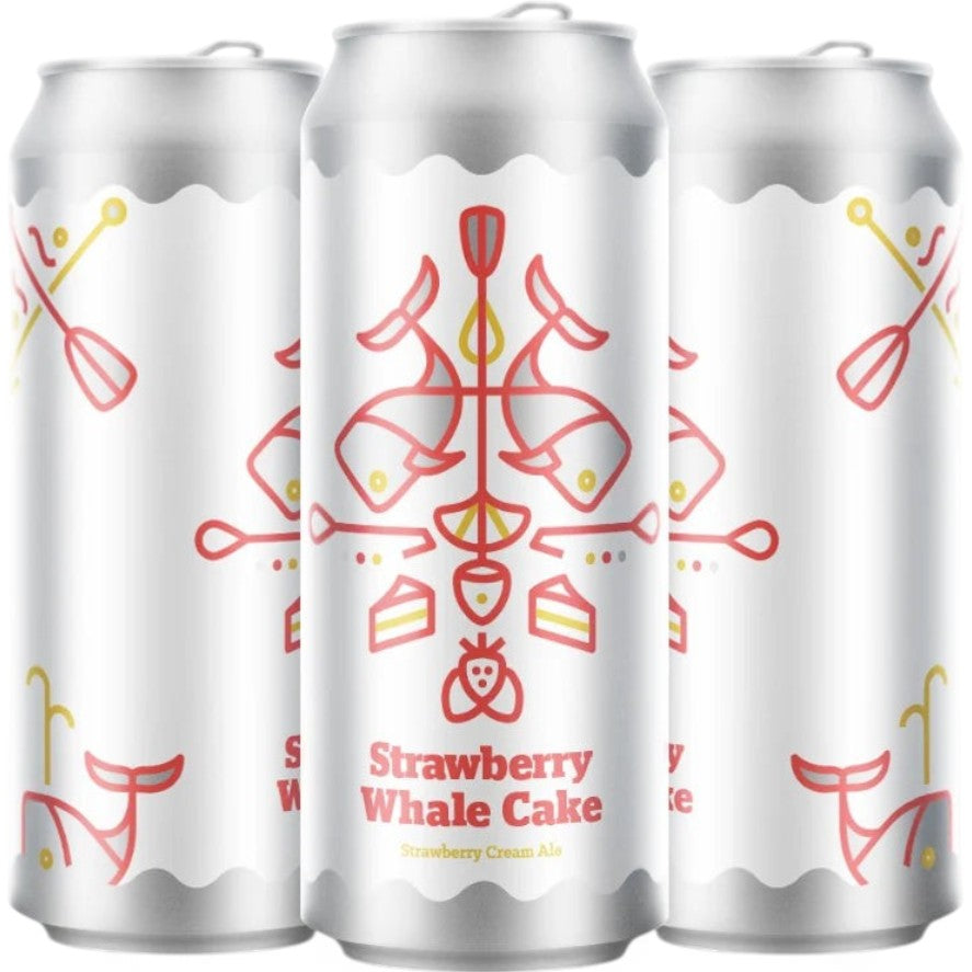 Three silver cans of Burlington Beer Co Strawberry Whale Cake beer with colorful graphics on a white background