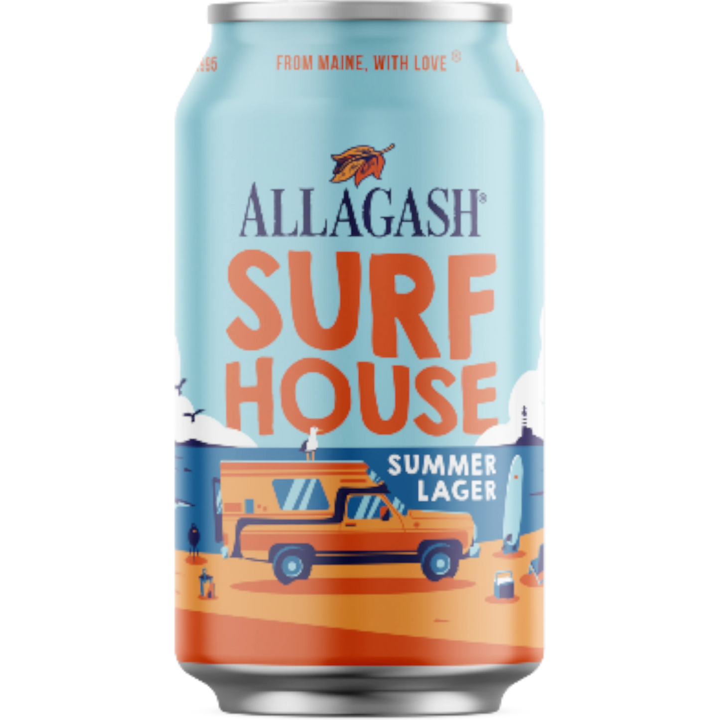 Stowe Public House Allagash Surf House Summer Lager can with a beach scene, orange truck, and surfboard.