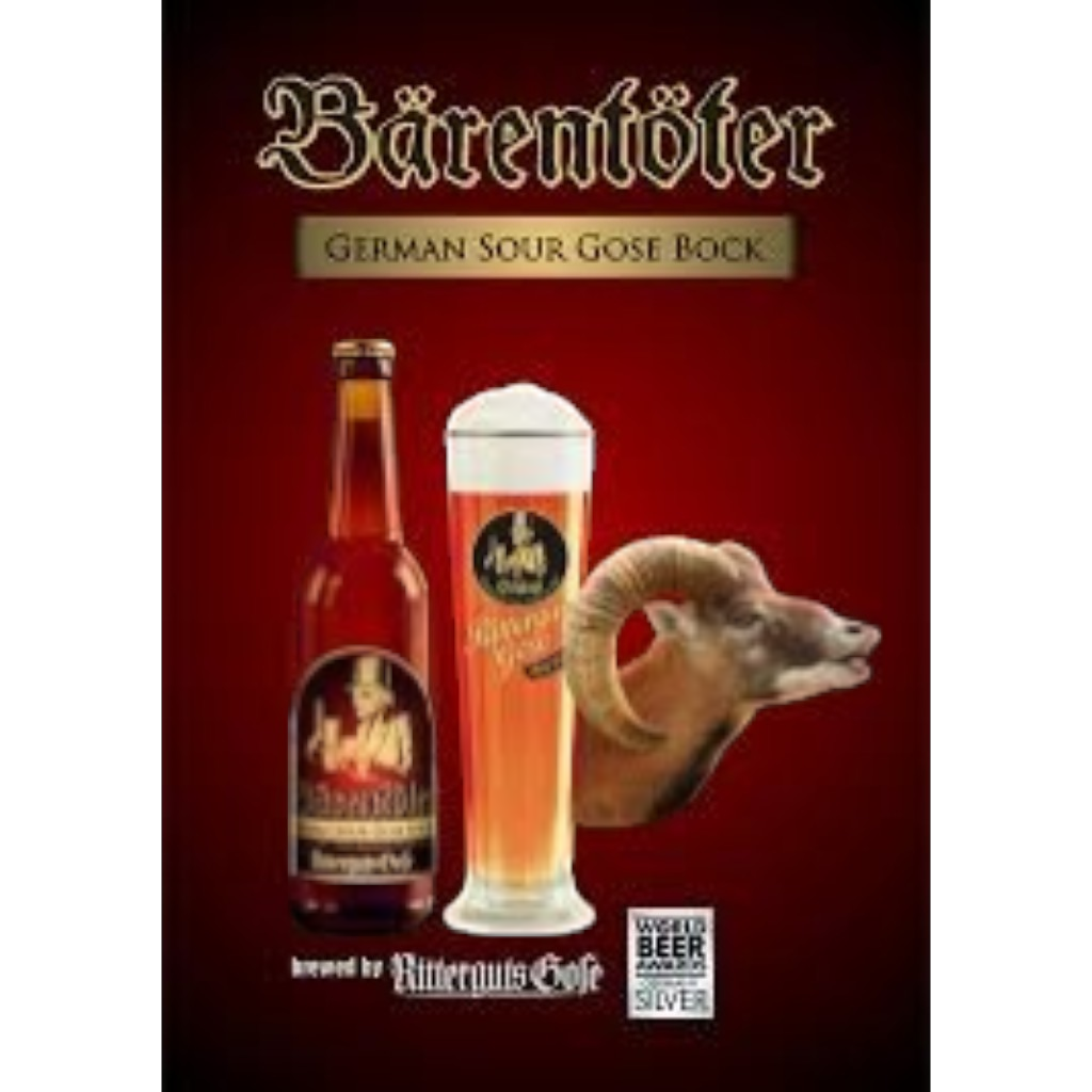 Stowe Public House Barentoter German Sour Gose Bock beer bottle and glass with ram graphic. Silver World Beer Award winner.