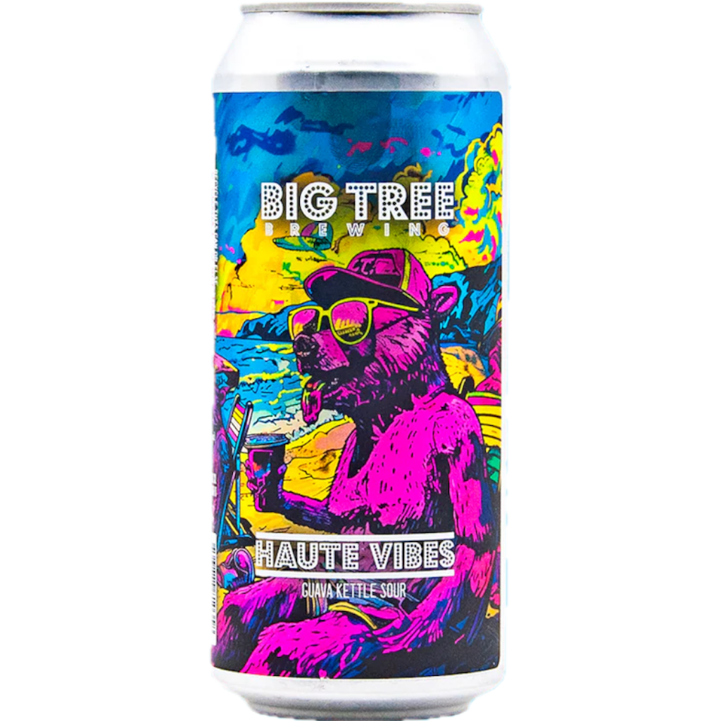 Stowe Public House & Bottle Shop Big Tree Haute Vibes Guava Kettle Sour can with a pink bear wearing sunglasses and a hat.