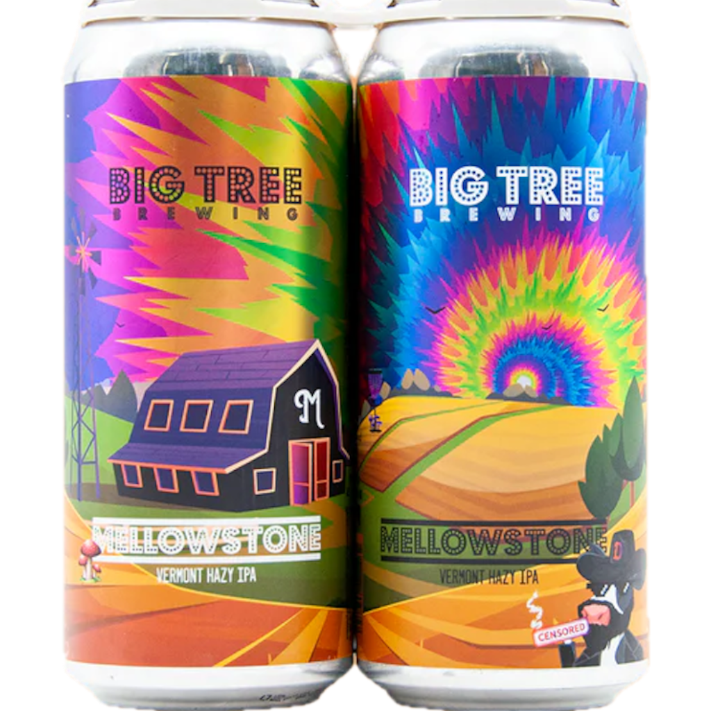 Stowe Public House Big Tree Brewing Mellowstone Vermont Hazy IPA cans with psychedelic tie-dye art, barn, and cow.