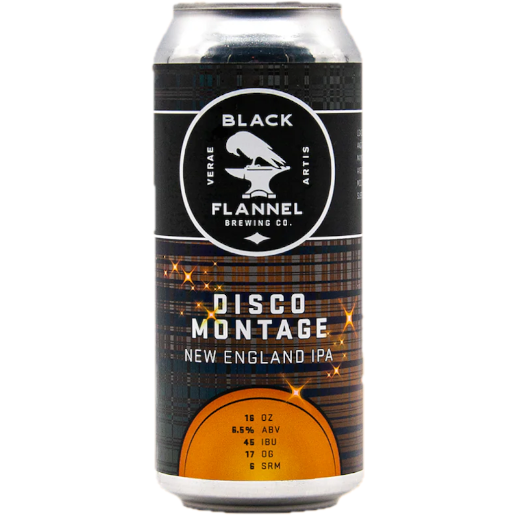 Stowe Public House & Bottle Shop Black Flannel Brewing Co. Disco Montage New England IPA can. Citrusy and tropical hops with mango, tangerine, and pomelo notes.