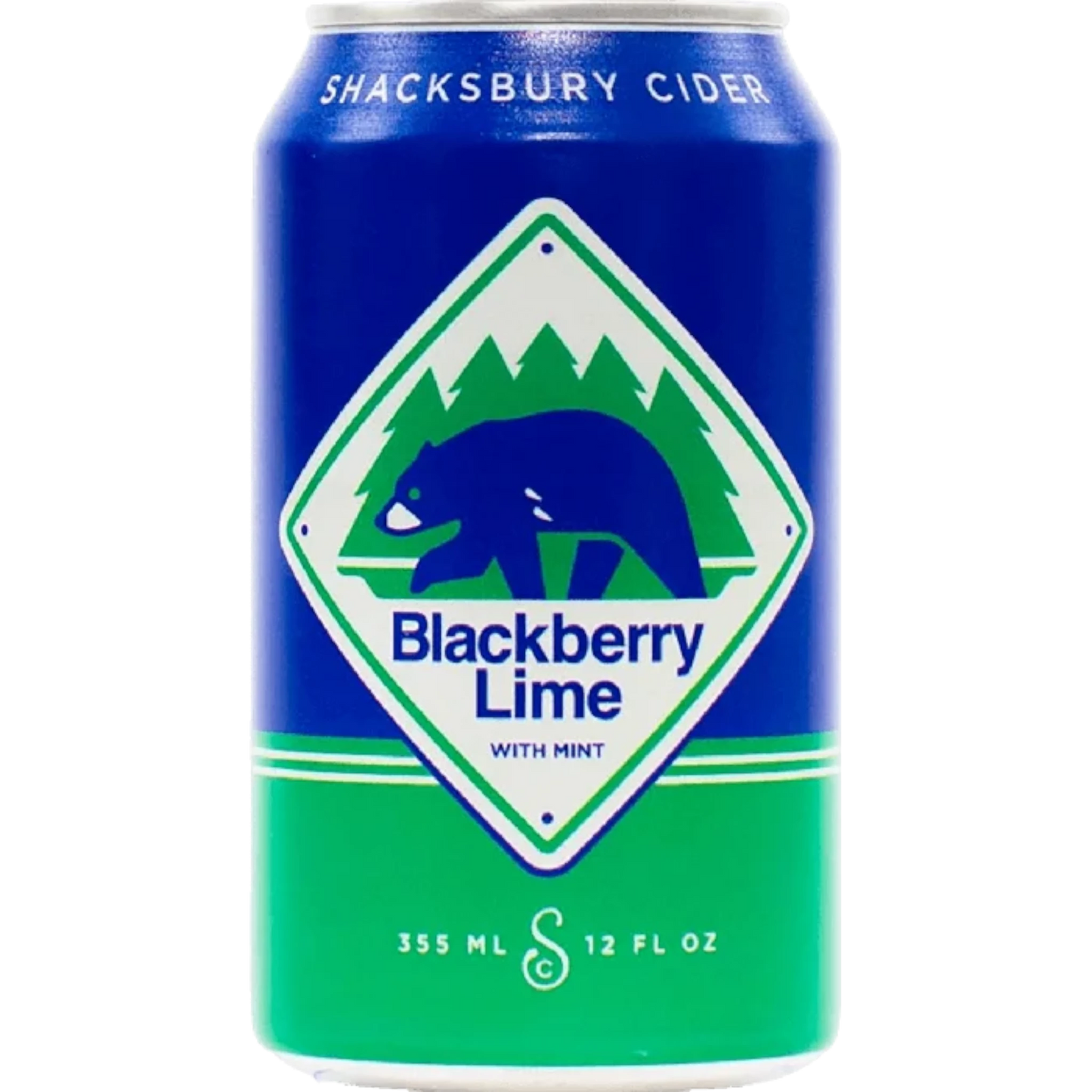 Stowe Public House & Bottle Shop Shacksbury Cider Blackberry Lime can with a bear logo and green trees.