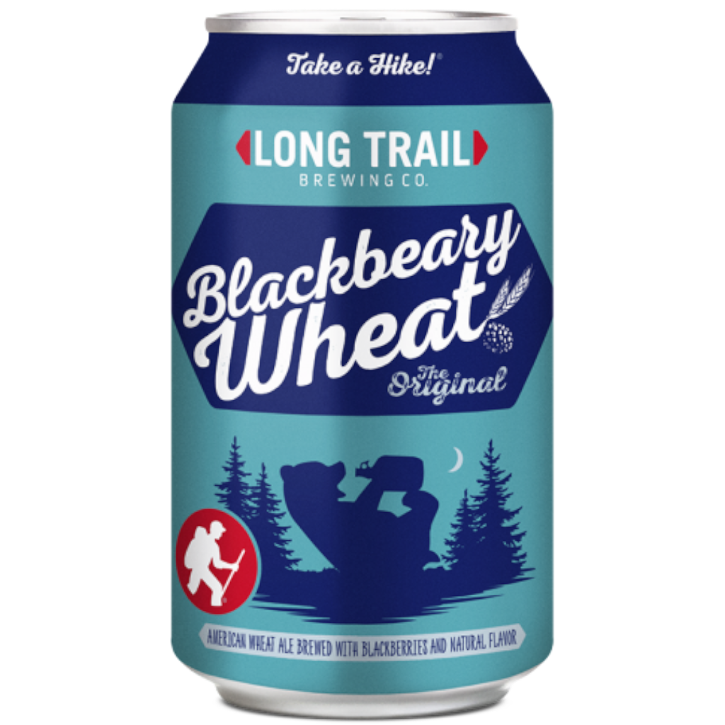 Stowe Public House & Bottle Shop Long Trail Brewing Co. Blackberry Wheat ale can. Features a bear and hiker silhouette.