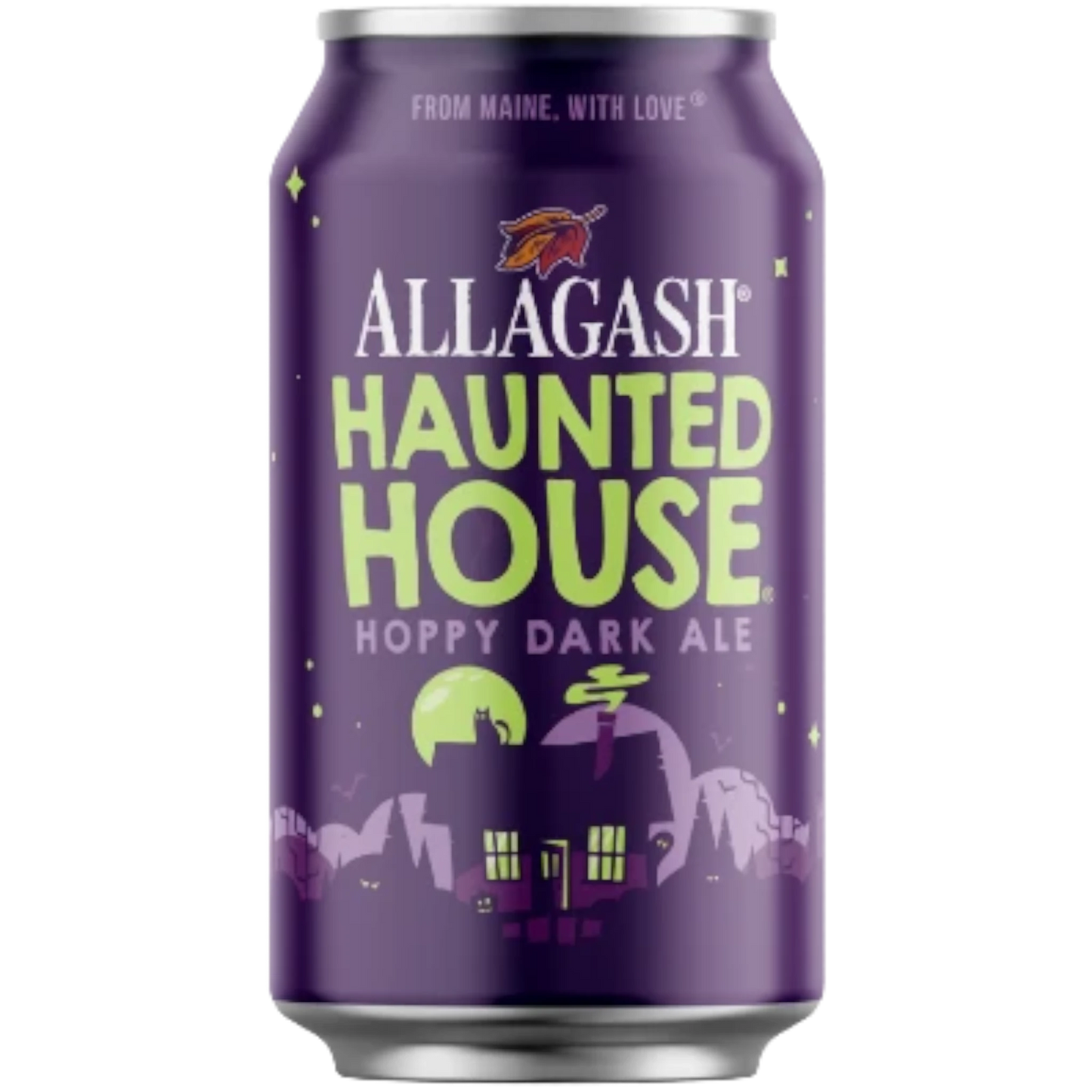 Stowe Public House & Bottle Shop Allagash Haunted House dark ale can with purple label and spooky house illustration