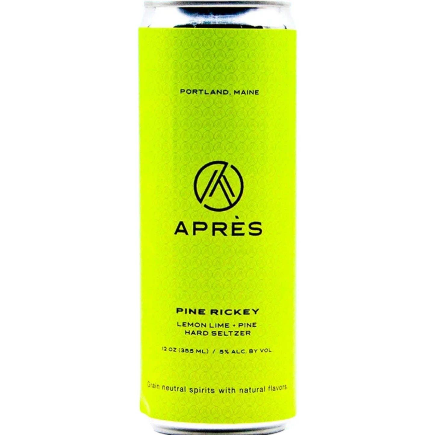 Stowe Public House & Bottle Shop Apres Pine Rickey hard seltzer in a bright neon yellow 12oz can with lime and pine