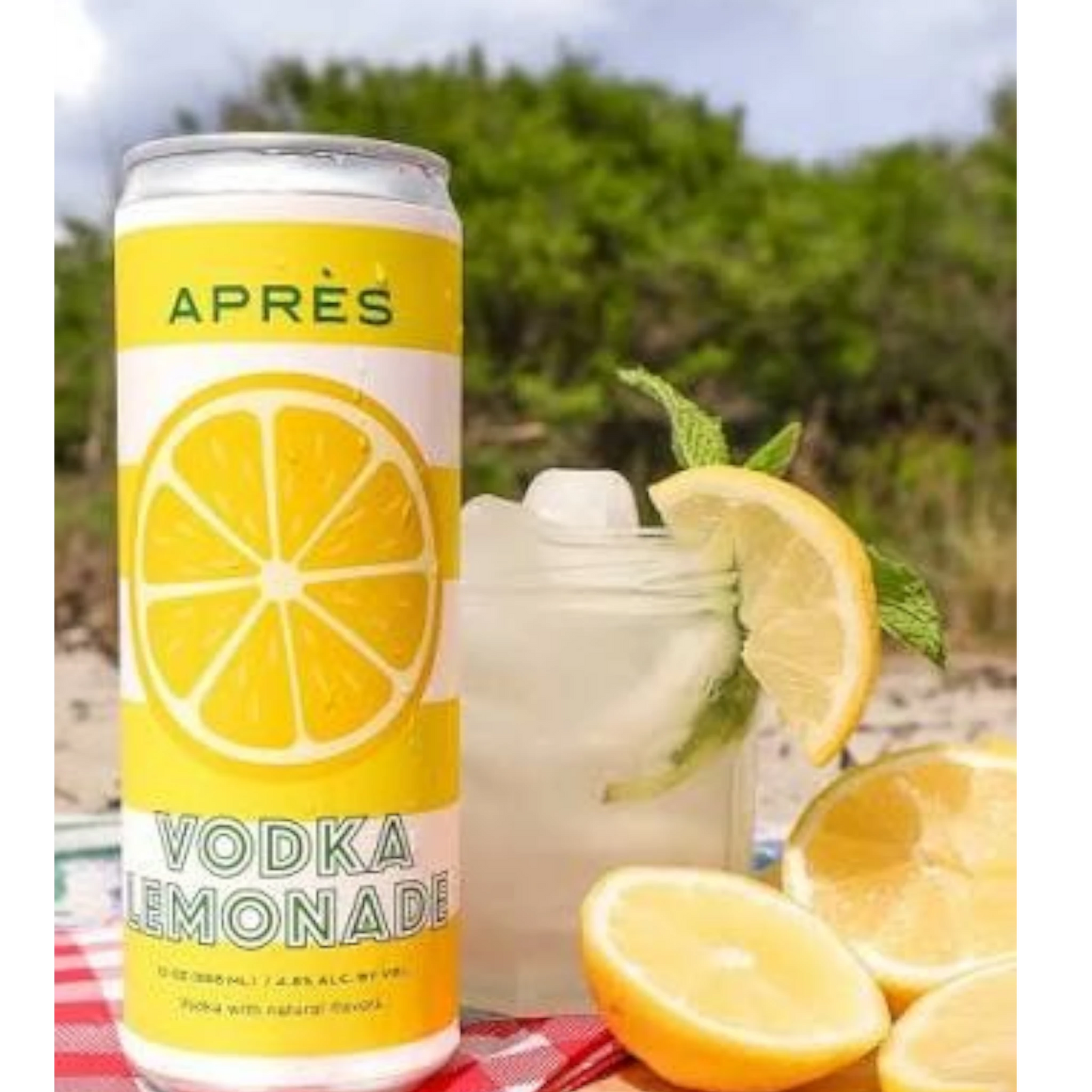 Stowe Public House & Bottle Shop Apres Vodka Lemonade hard seltzer can next to a glass with ice and fresh lemon slices