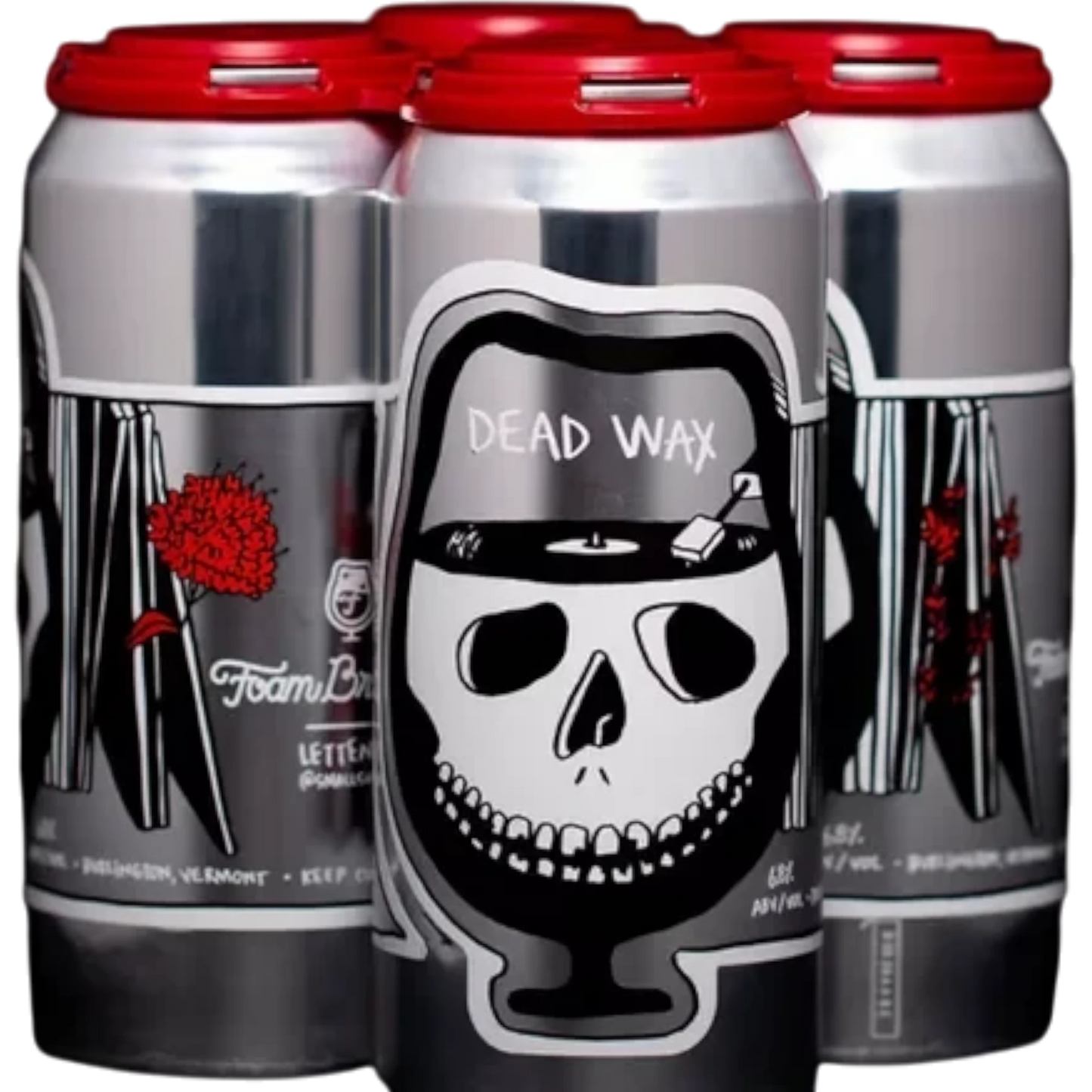 Stowe Public House & Bottle Shop Foam Brewers Dead Wax IPA cans with red lids and skull record player label art