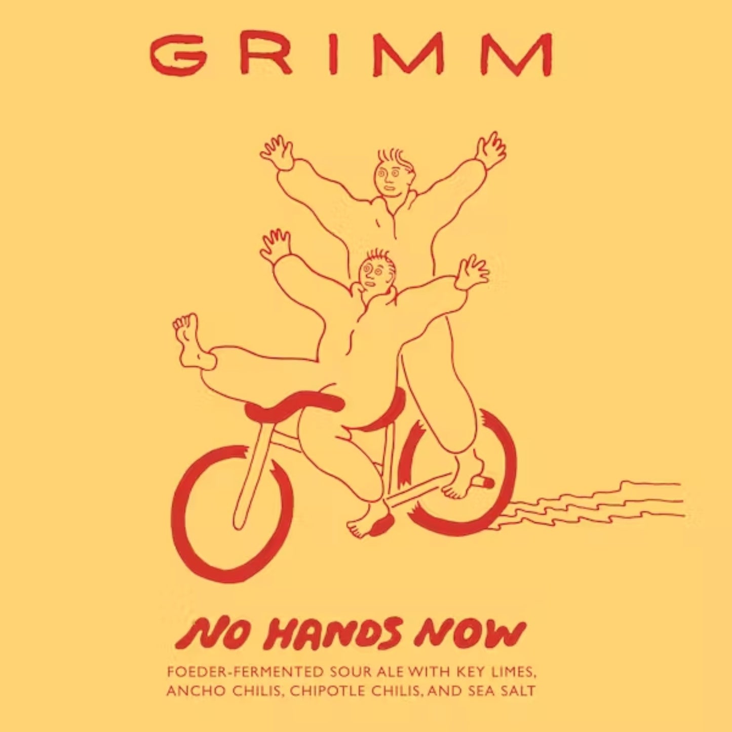 Stowe Public House & Bottle Shop Grimm Artisanal Ales No Hands Now beer label with yellow background and red art