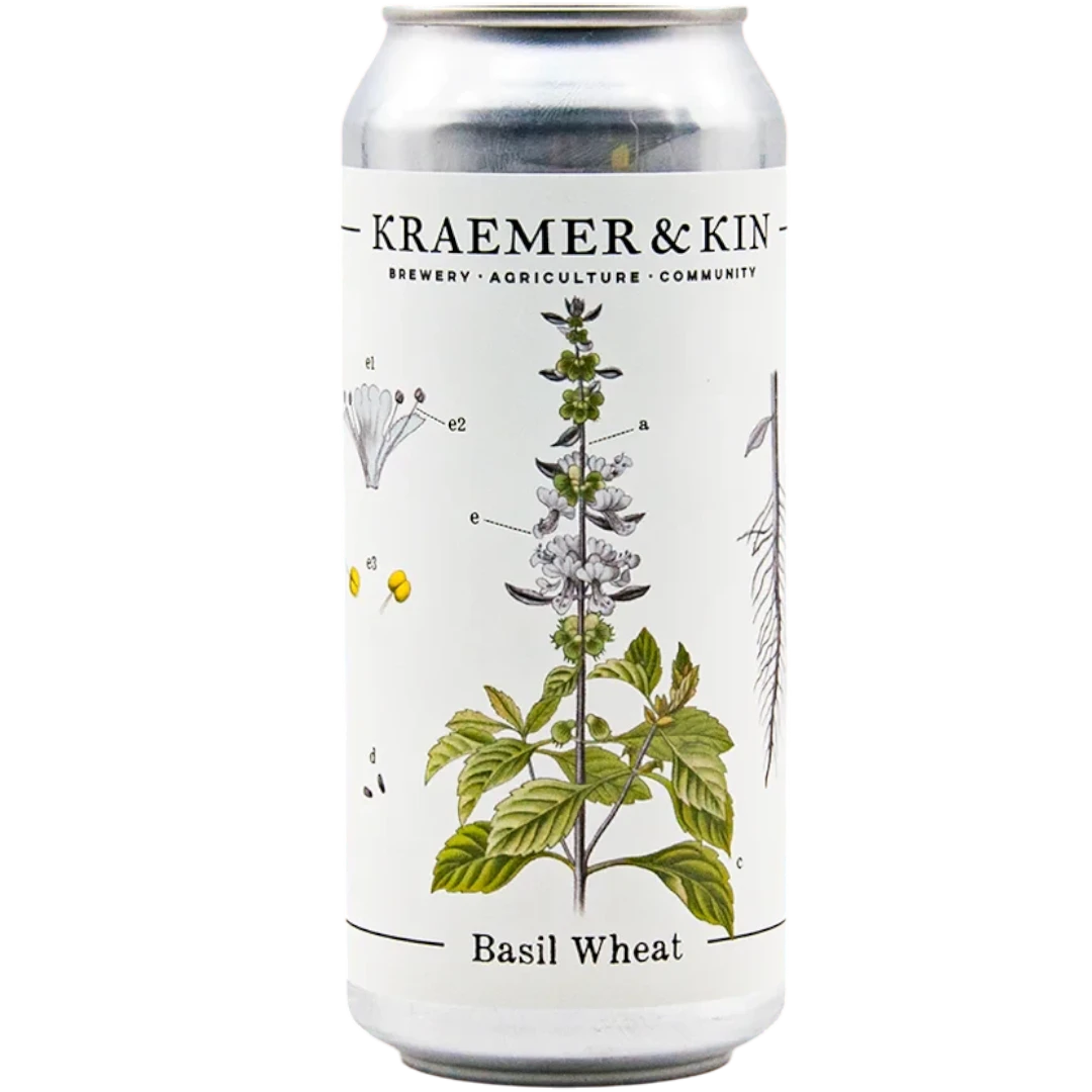 Stowe Public House & Bottle Shop Kraemer & Kin Tulsi Basil Wheat ale can with botanical basil illustration