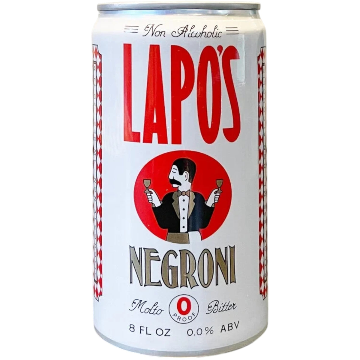 Stowe Public House & Bottle Shop Lapo's non-alcoholic Negroni cocktail in a white can with red branding and graphics.