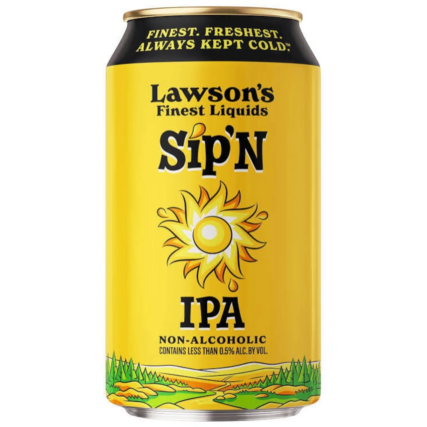 Stowe Public House & Bottle Shop Lawson's Finest Sip'N non-alcoholic IPA can with yellow label and sun illustration