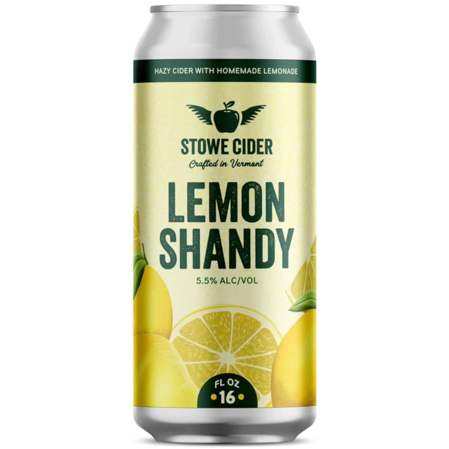 Stowe Cider Lemon Shandy hazy cider with homemade lemonade, 5.5% ABV, 16 fl oz can.