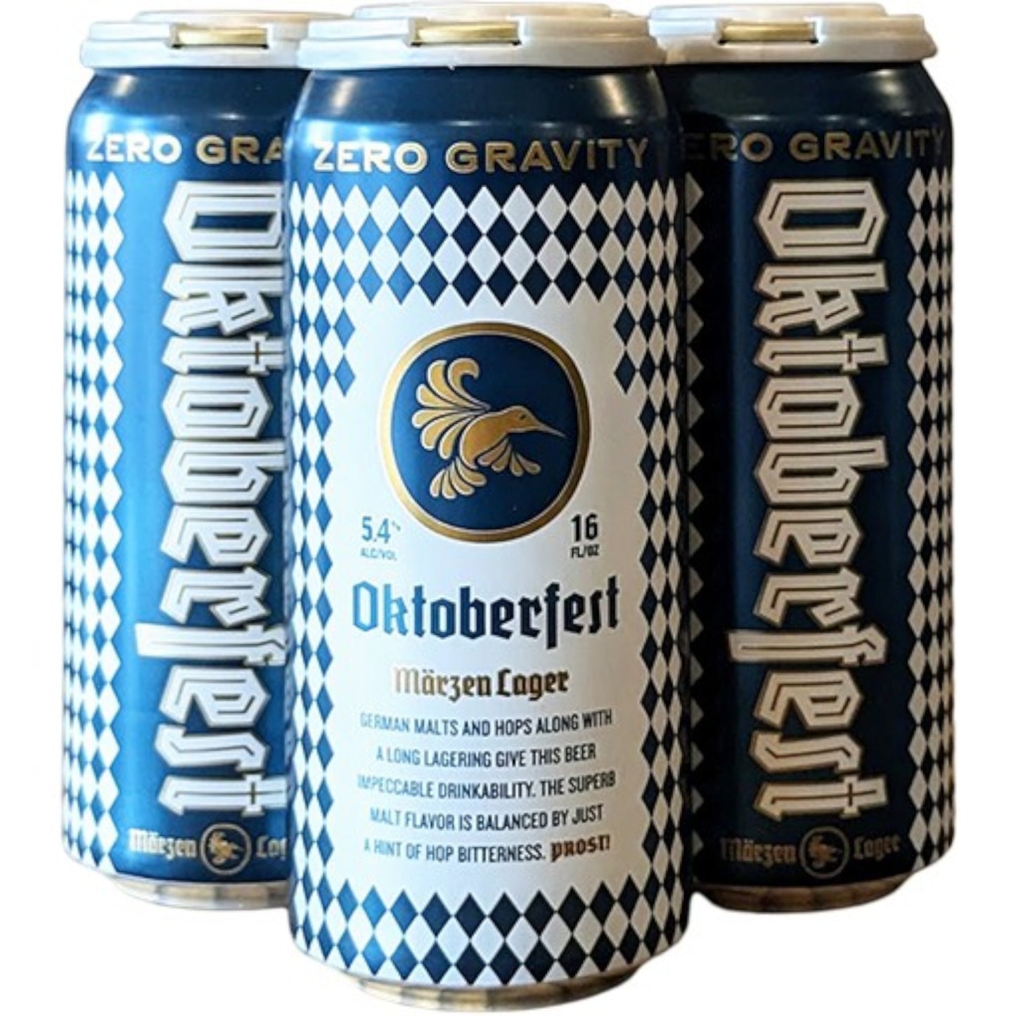 Stowe Public House & Bottle Shop Zero Gravity Oktoberfest Marzen Lager beer cans with blue and white diamond pattern
