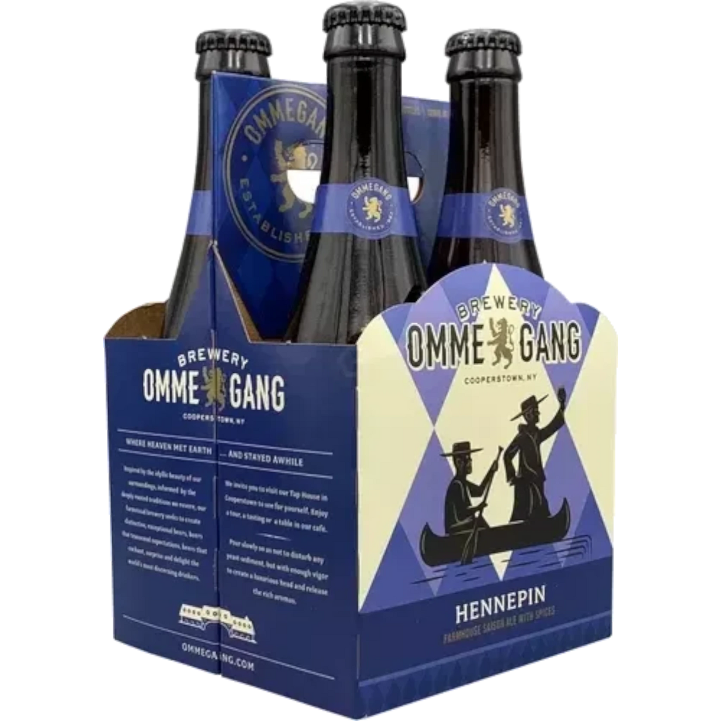 Stowe Public House & Bottle Shop Brewery Ommegang Hennepin Farmhouse Saison four-pack with blue and white branding.