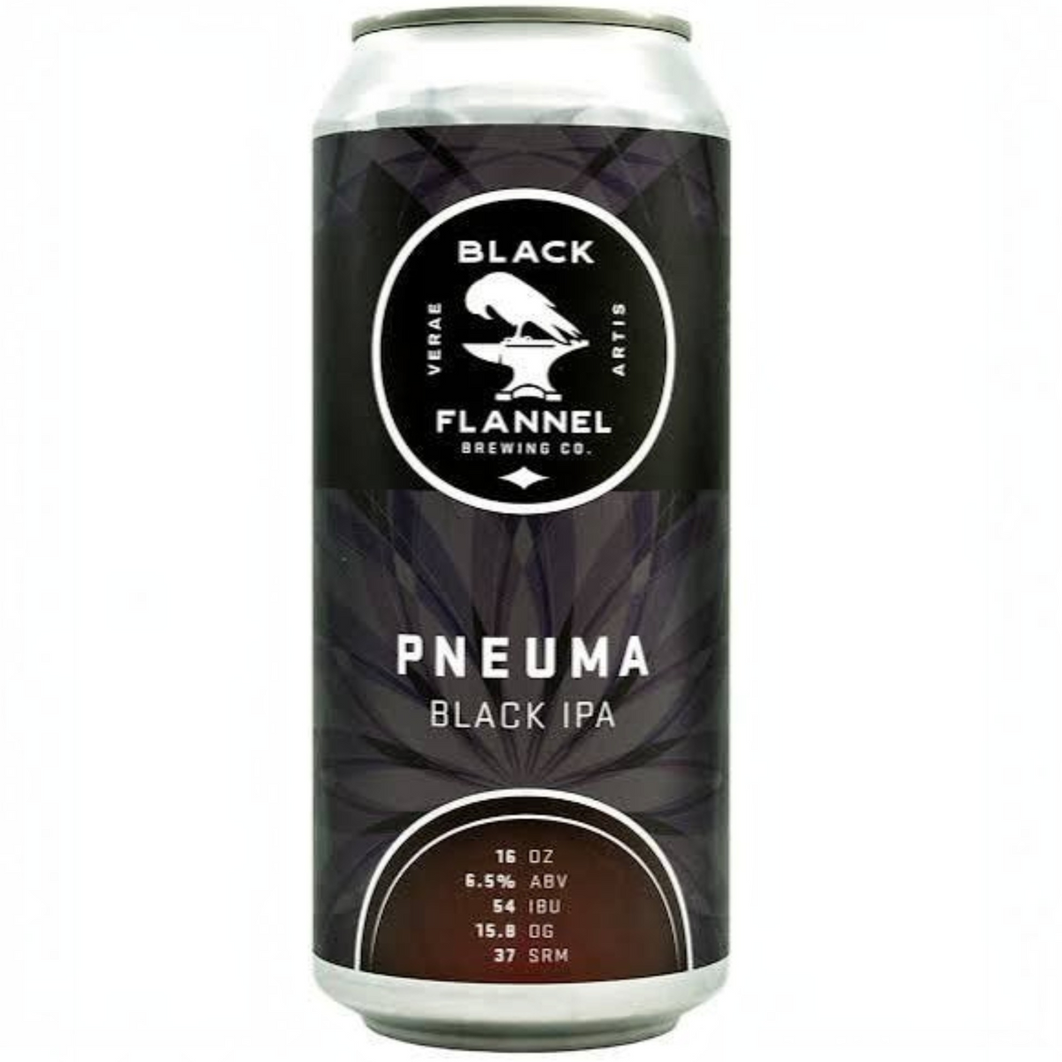 Black Flannel Pneuma Black IPA 16oz can with dark geometric label design