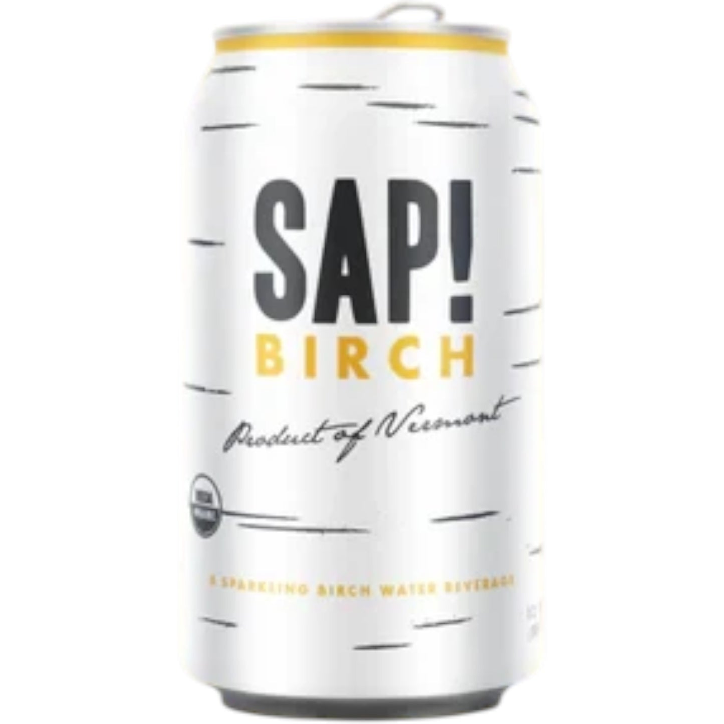 Stowe Public House & Bottle Shop Sap! Birch sparkling water can with white birch bark pattern on yellow background