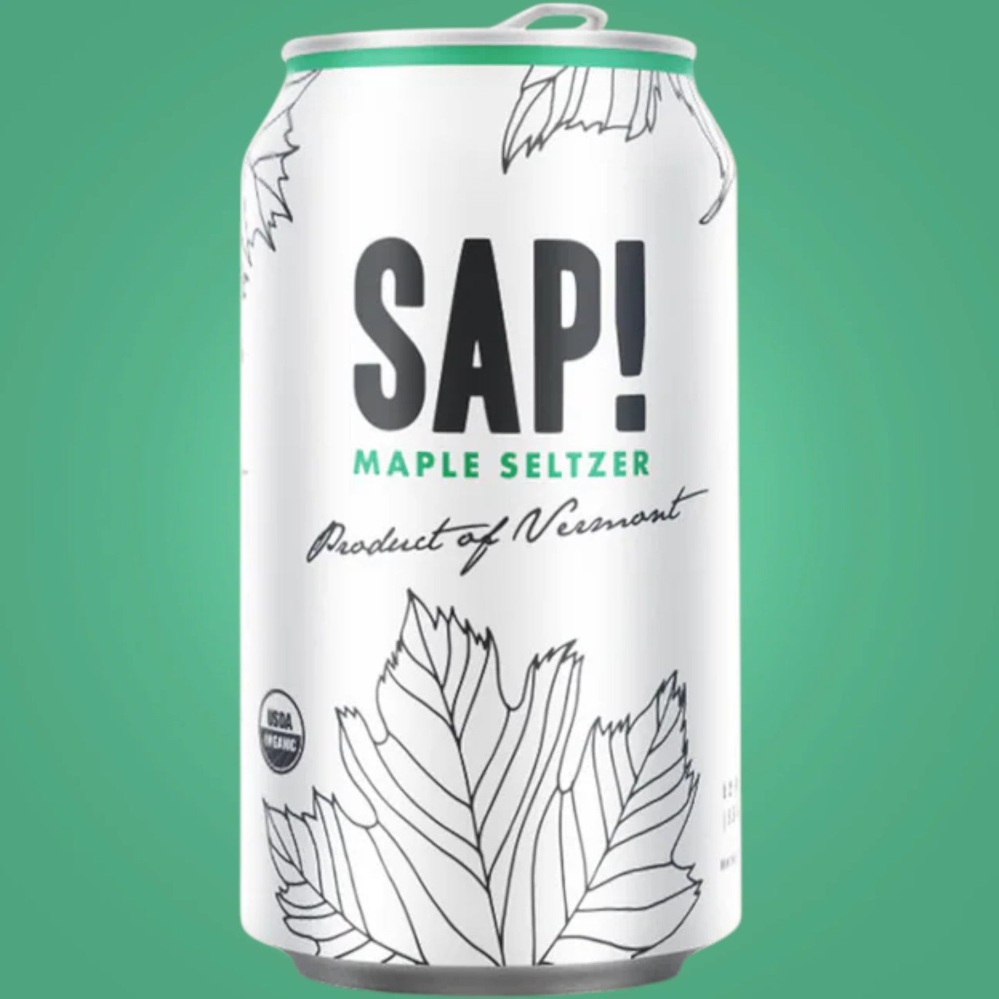 SAP! Maple Seltzer can with line art of maple leaves and "Product of Vermont" text. Stowe Public House & Bottle Shop.