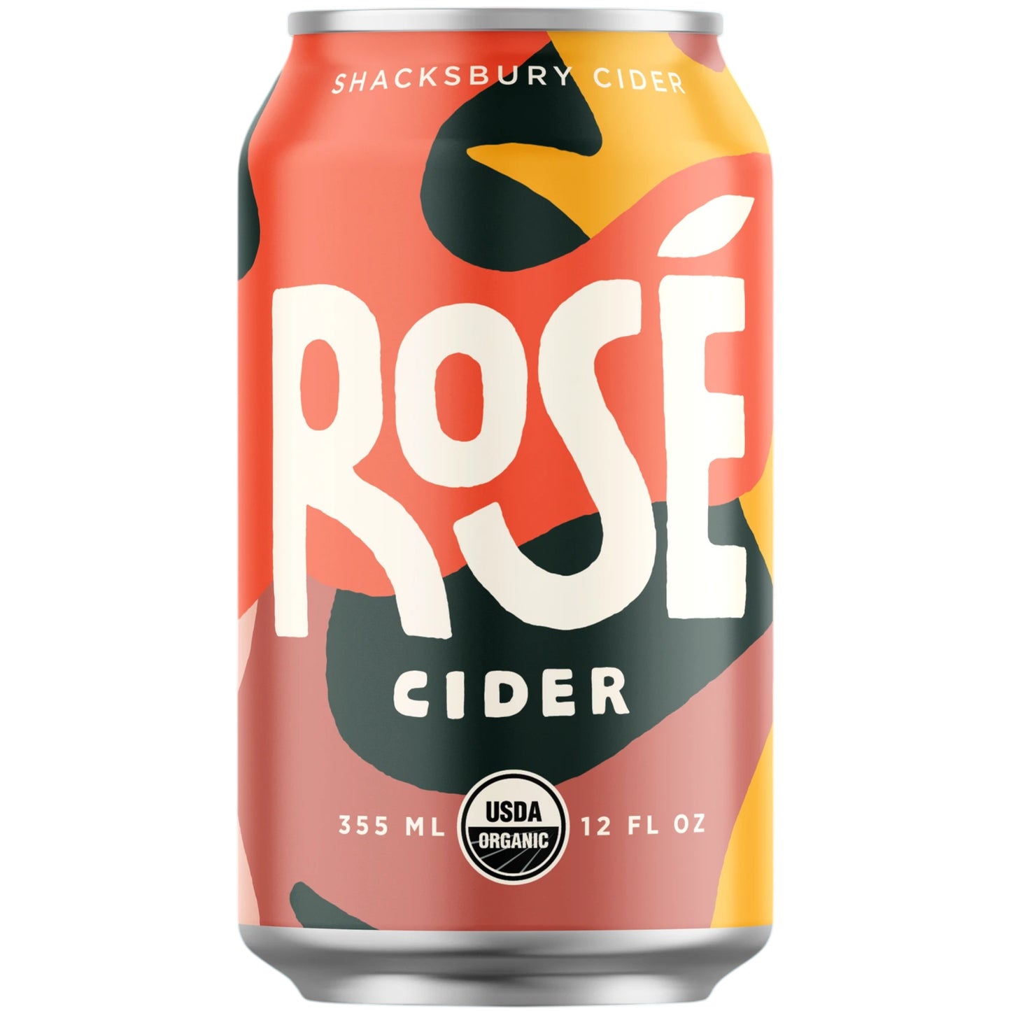 Shacksbury Cider, Rose flavor, 355ml can with abstract pattern and USDA Organic label.