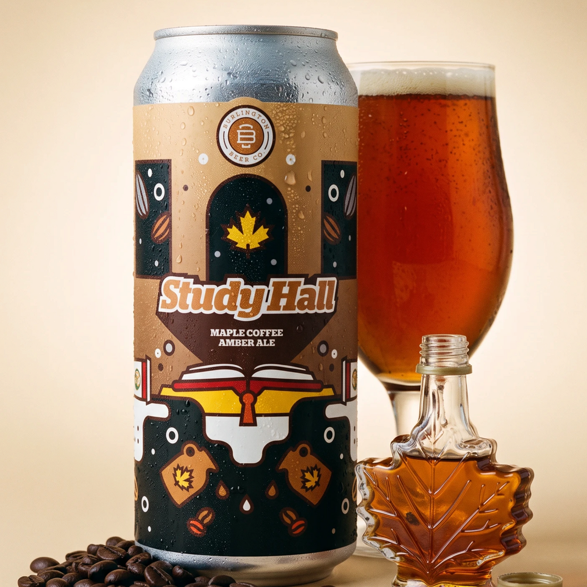 Stowe Public House & Bottle Shop Burlington Beer Co Study Hall maple coffee amber ale can with glass and maple syrup