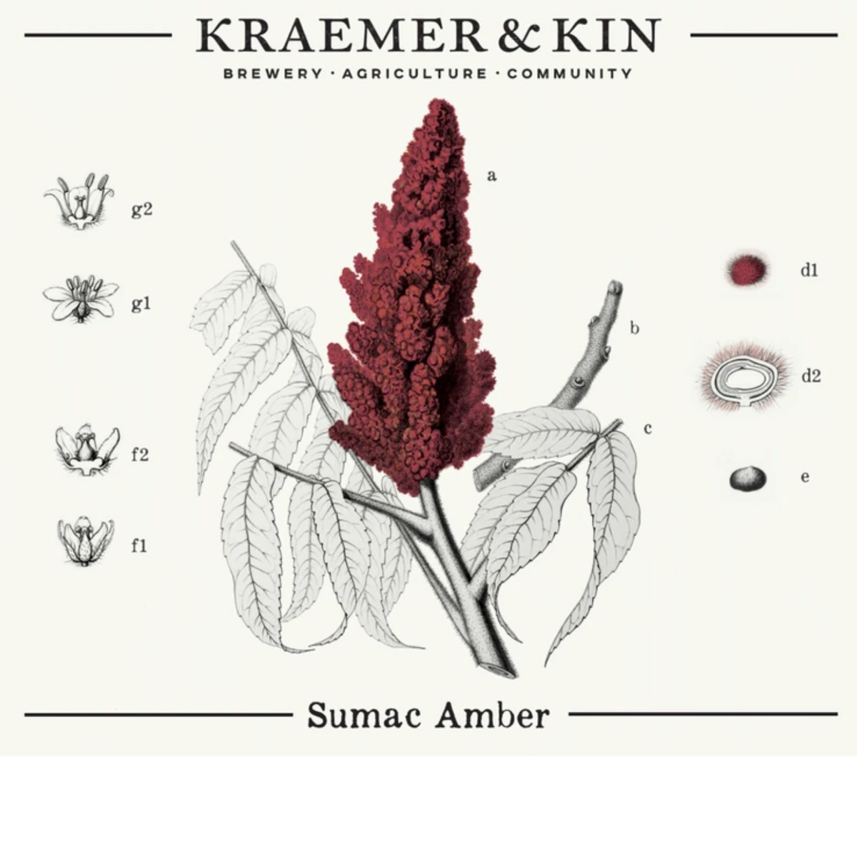 Stowe Public House & Bottle Shop Kraemer & Kin Sumac Amber Ale label featuring a botanical illustration of sumac.