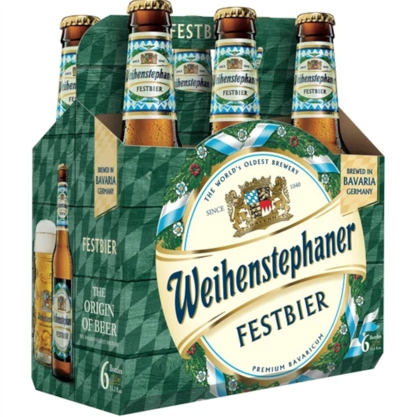 Stowe Public House & Bottle Shop six-pack of Weihenstephaner Festbier seasonal lager bottles with Bavarian branding.