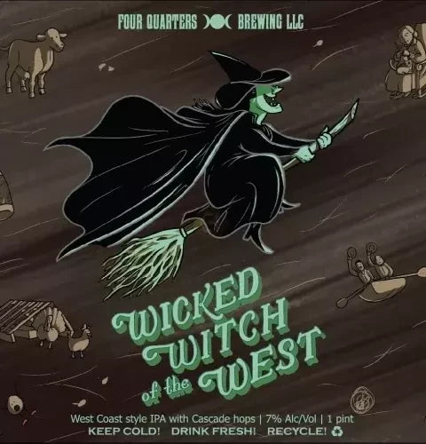 Stowe Public House & Bottle Shop Four Quarters Wicked Witch IPA can label featuring a green witch on a broomstick