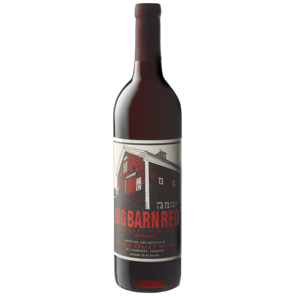 Stowe Public House & Bottle Shop Boyden Valley Big Barn Red wine bottle with a label featuring a red barn illustration. Alcohol 13% by volume.