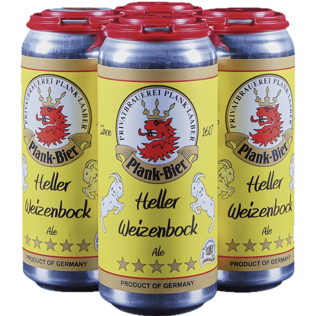 Stowe Public House & Bottle Shop: Brauerei Michael Plank Heller Weizenbock ale in yellow cans with red tops. Features a red lion crest and goats.