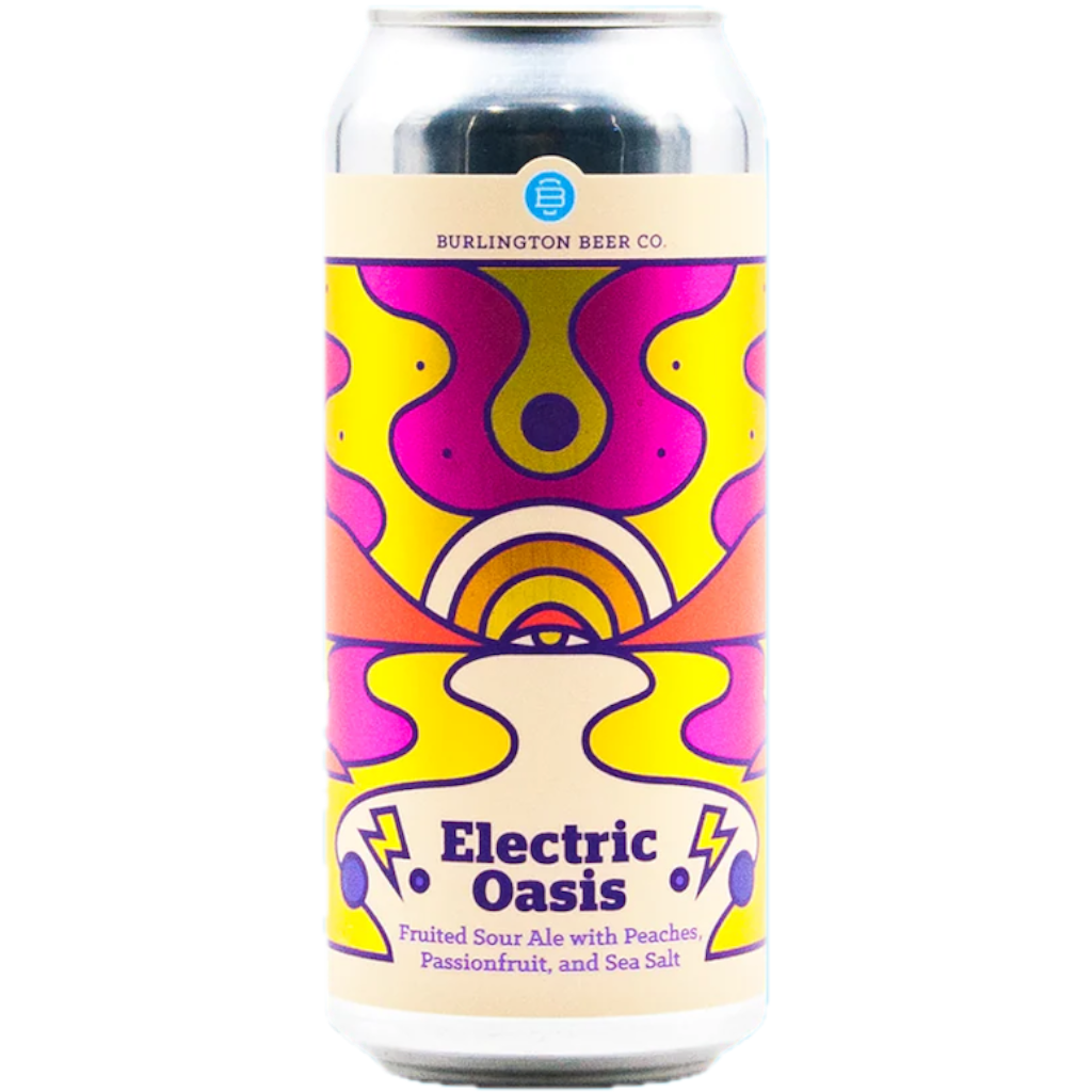 Stowe Public House & Bottle Shop: Burlington Beer Co. Electric Oasis fruited sour ale with peaches, passionfruit, and sea salt. Psychedelic can art.