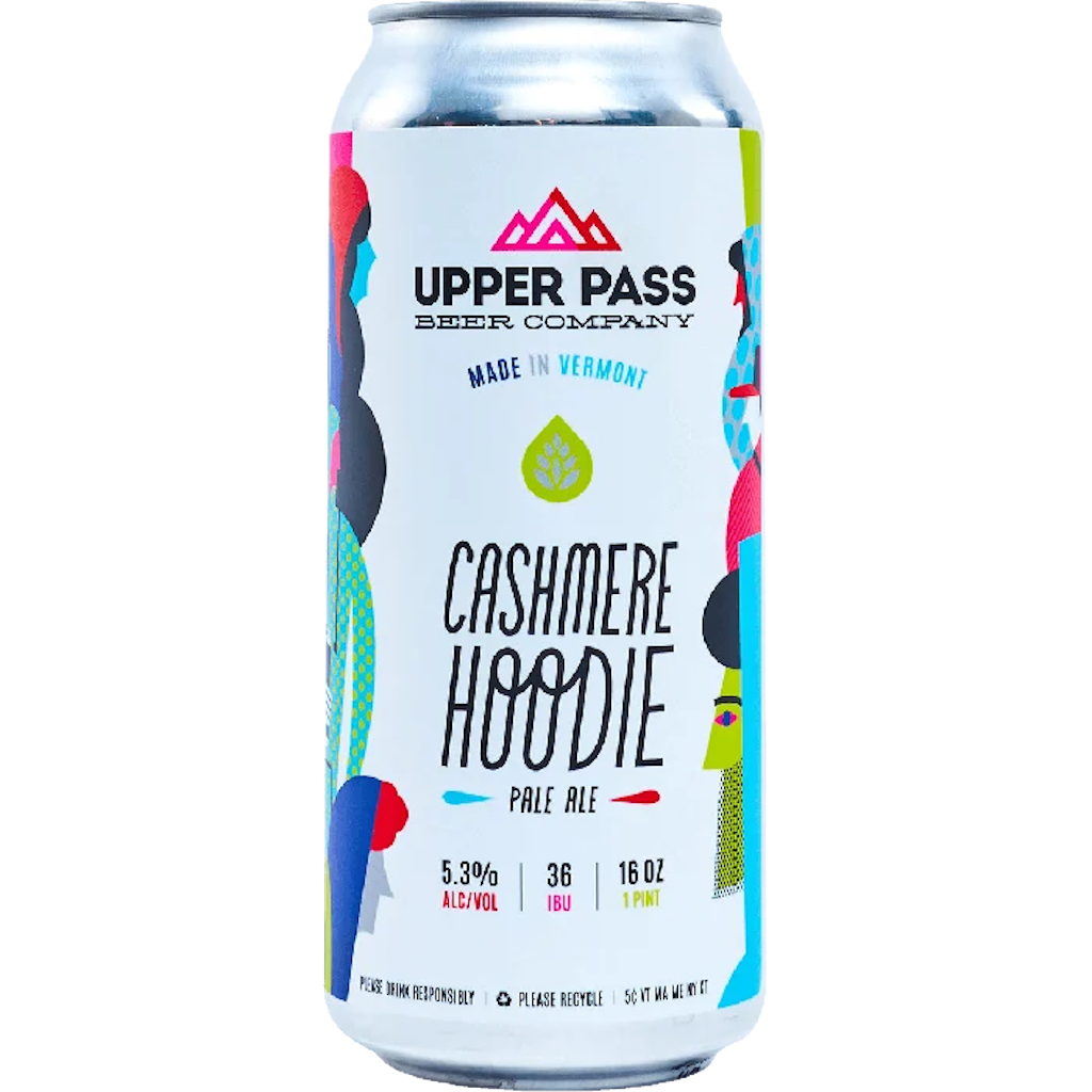 Stowe Public House & Bottle Shop Upper Pass Beer Cashmere Hoodie Pale Ale can. Features colorful abstract figures and text.