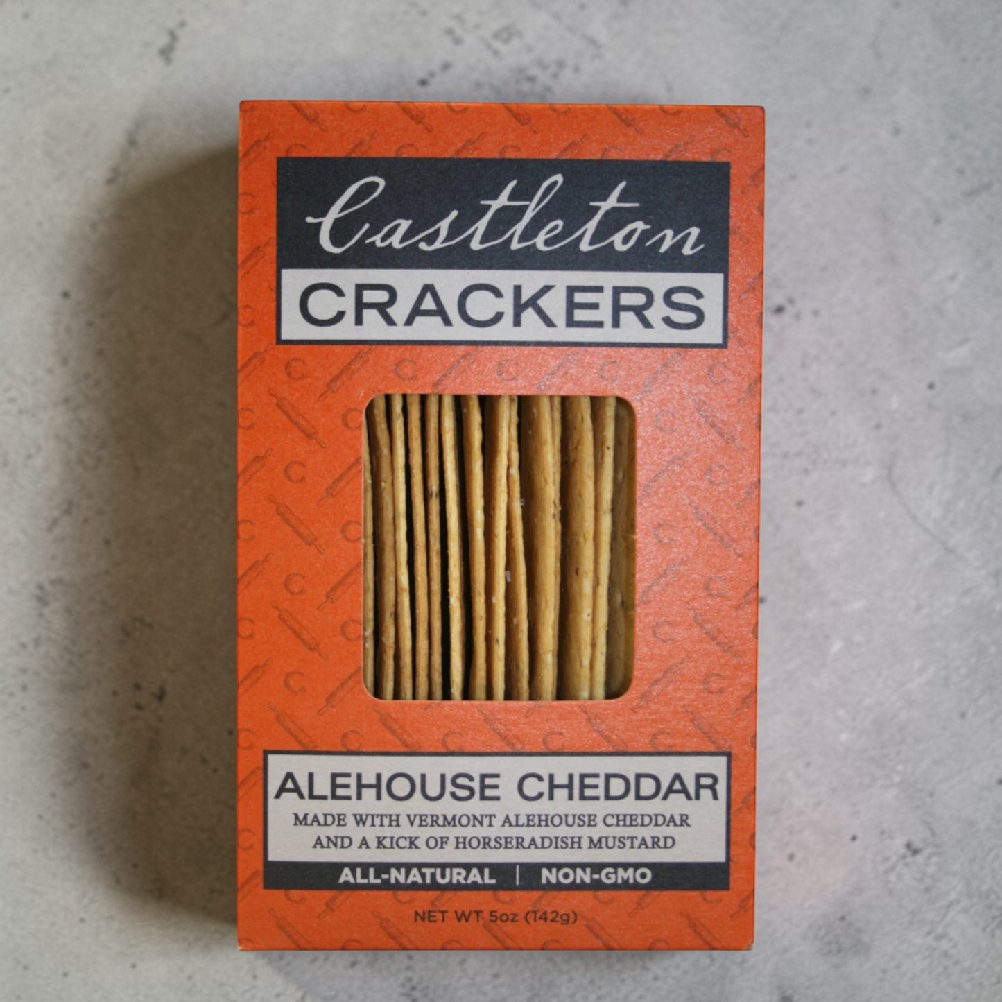 Stowe Public House & Bottle Shop Castleton Crackers, Alehouse Cheddar flavor. Rustic, all-natural crackers with Vermont cheddar and horseradish mustard.