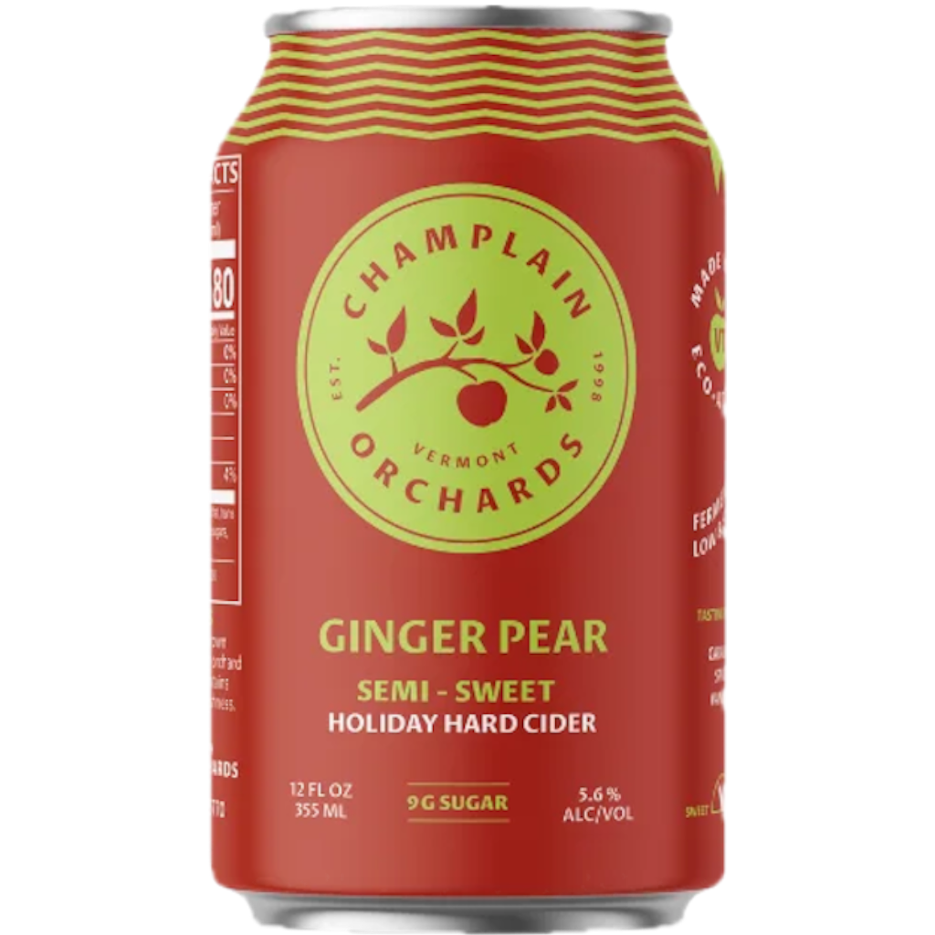 Stowe Public House & Bottle Shop Champlain Orchards Ginger Pear semi-sweet holiday hard cider can.