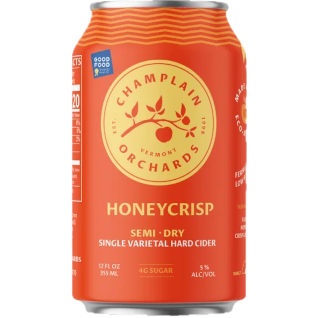 Stowe Public House & Bottle Shop Champlain Orchards Honeycrisp Semi-Dry Single Varietal Hard Cider can. Fruity with notes of honeycrisp, apricot, and pear.