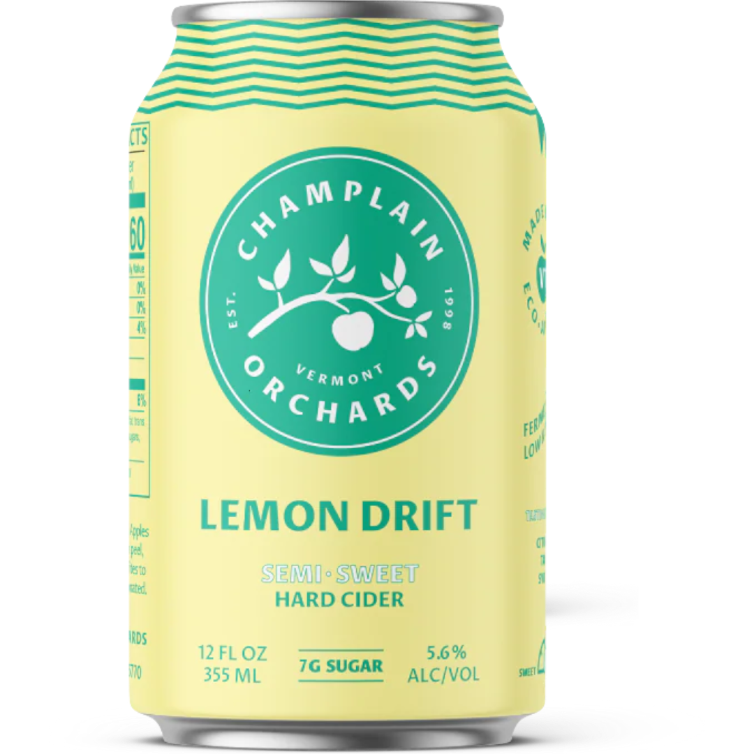 Stowe Public House & Bottle Shop Champlain Orchards Lemon Drift semi-sweet hard cider can. Yellow can with green wavy lines at the top.