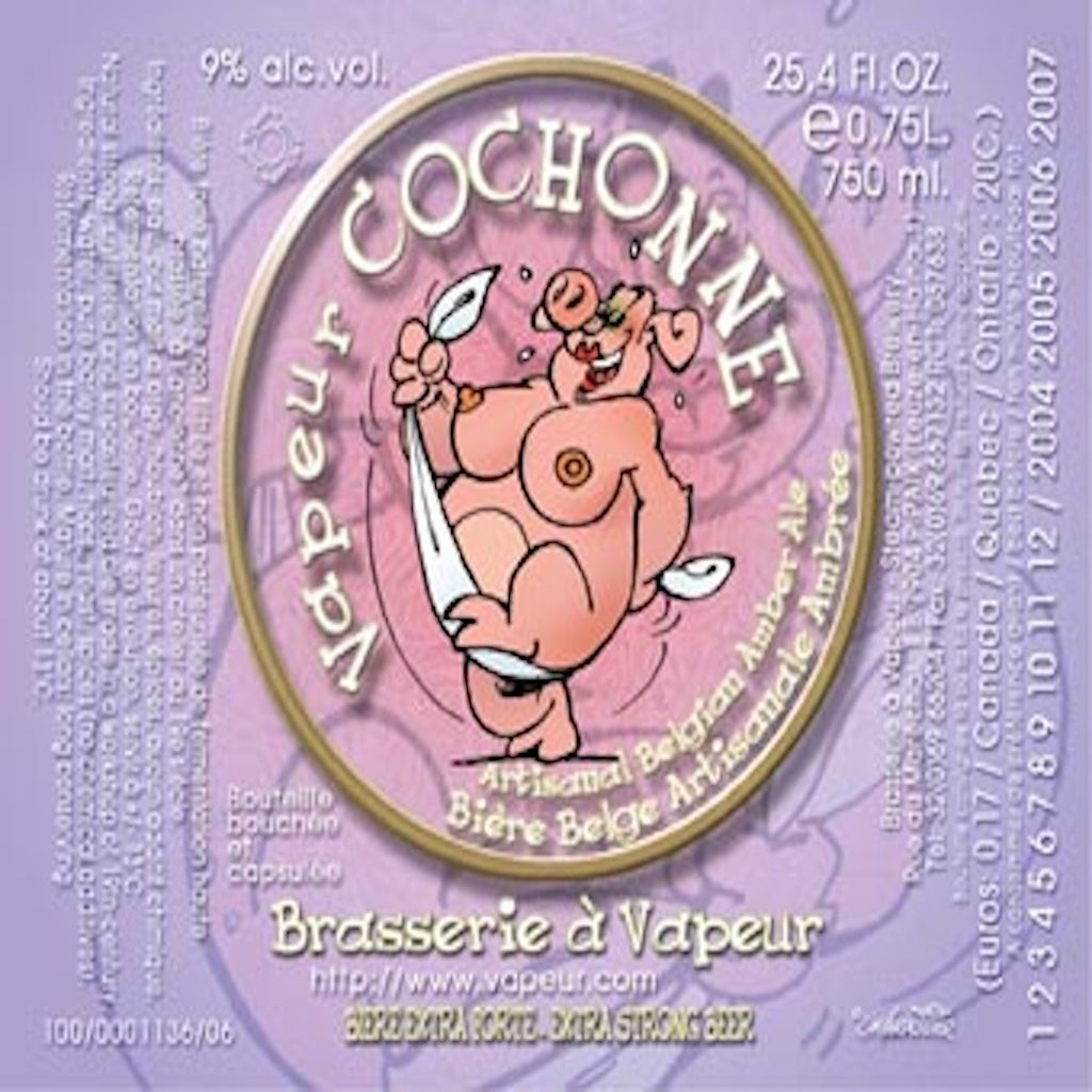 Stowe Public House & Bottle Shop: Brasserie à Vapeur Cochonné Belgian Strong Dark Ale beer label with cartoon pig.
