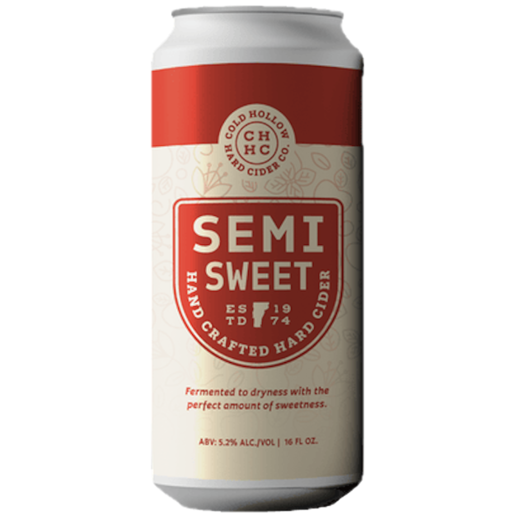 Stowe Public House & Bottle Shop Cold Hollow Semi-Sweet Hand Crafted Hard Cider can. White and red design.