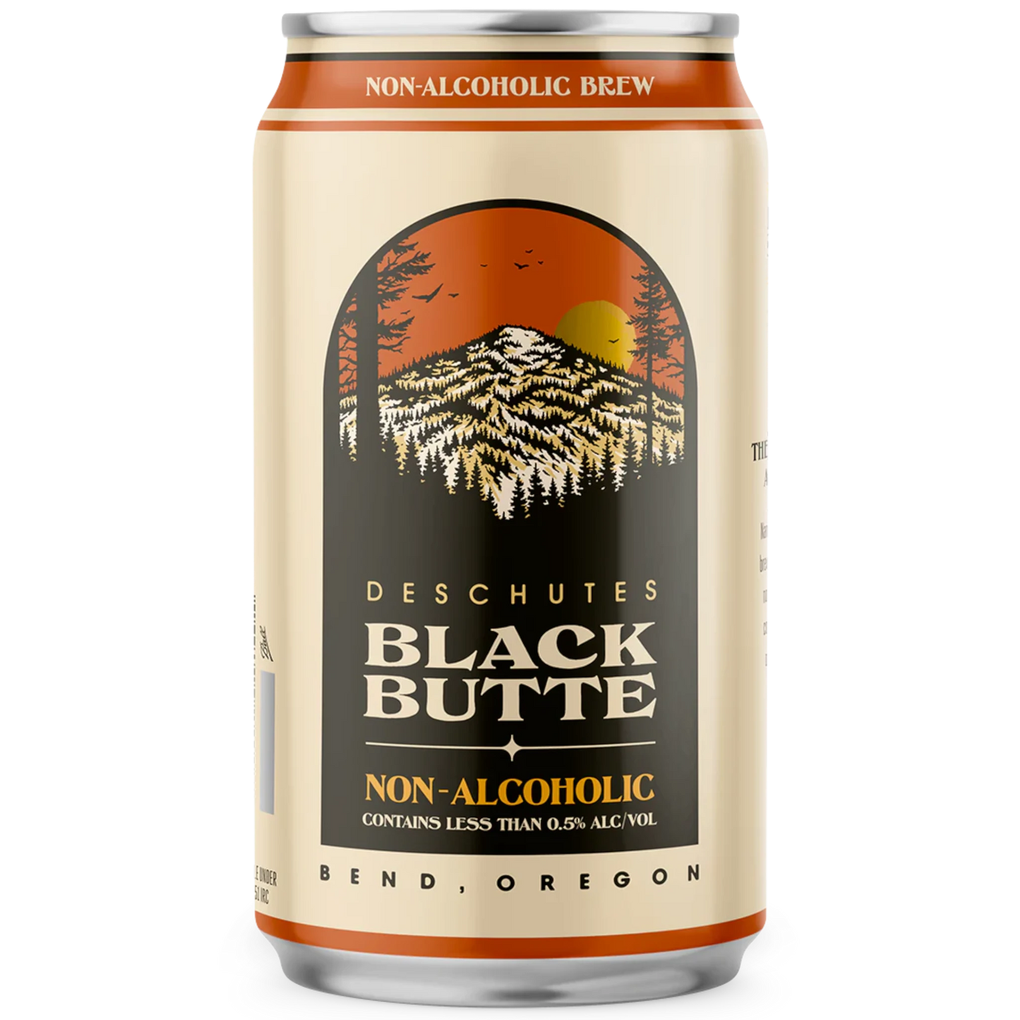 Stowe Public House & Bottle Shop Deschutes Black Butte Non-Alcoholic Brew can with mountain sunset graphic.