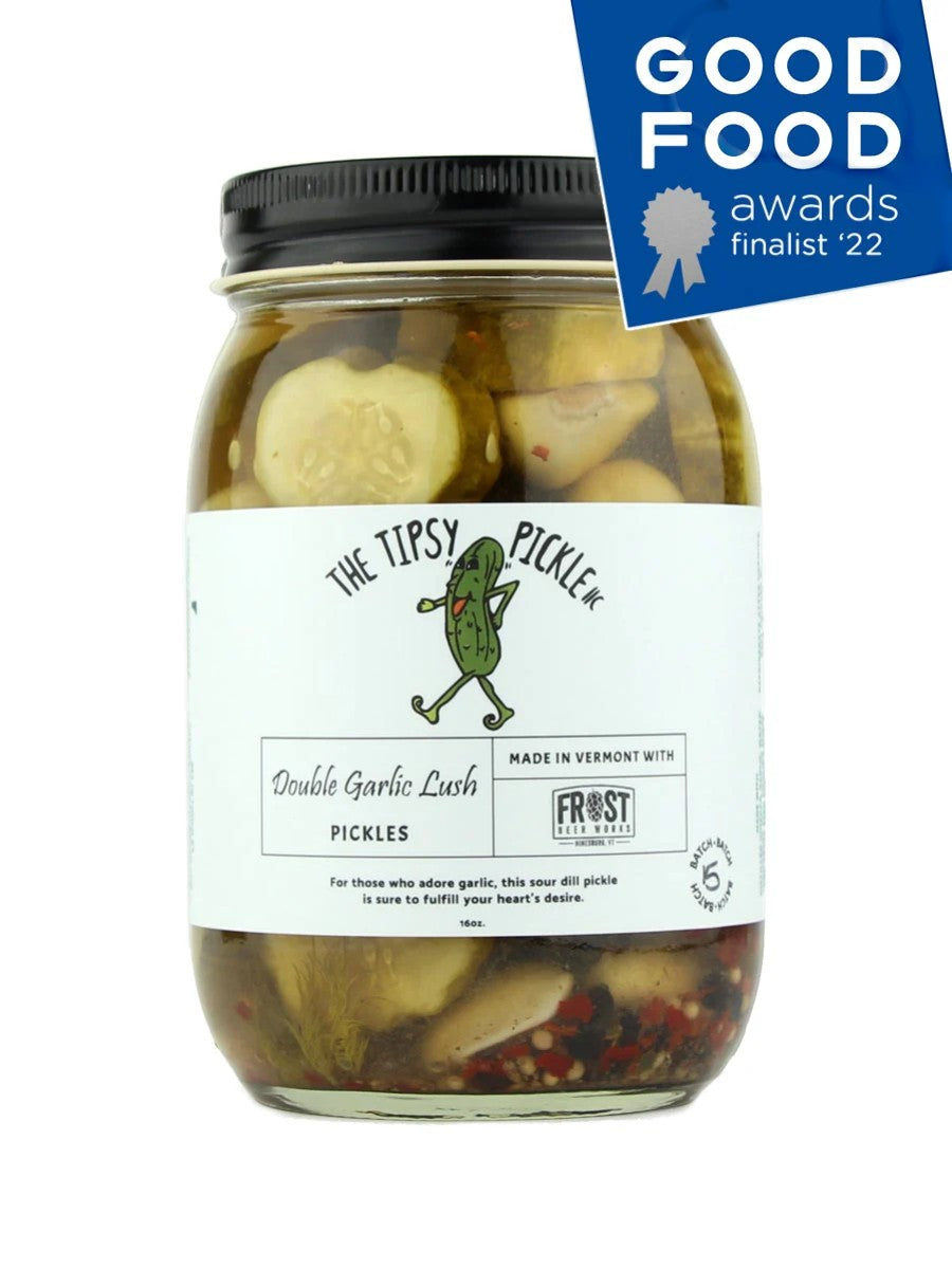 Stowe Public House Double Garlic Lush sour dill pickles infused with Double IPA, featuring whole garlic cloves and dill.