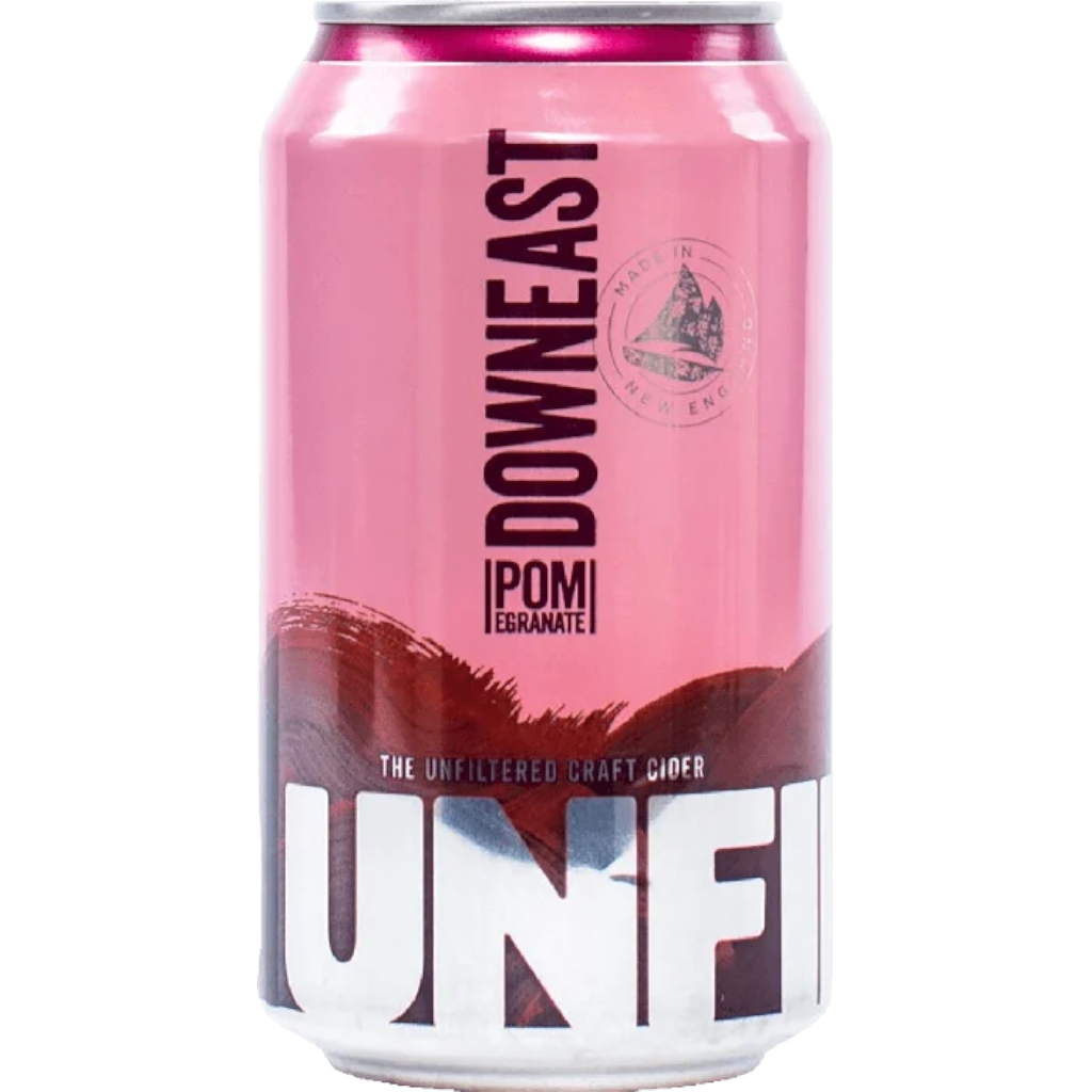 Stowe Public House & Bottle Shop Downeast Pomegranate Unfiltered Craft Cider can. Pink can with dark red brushstroke design.