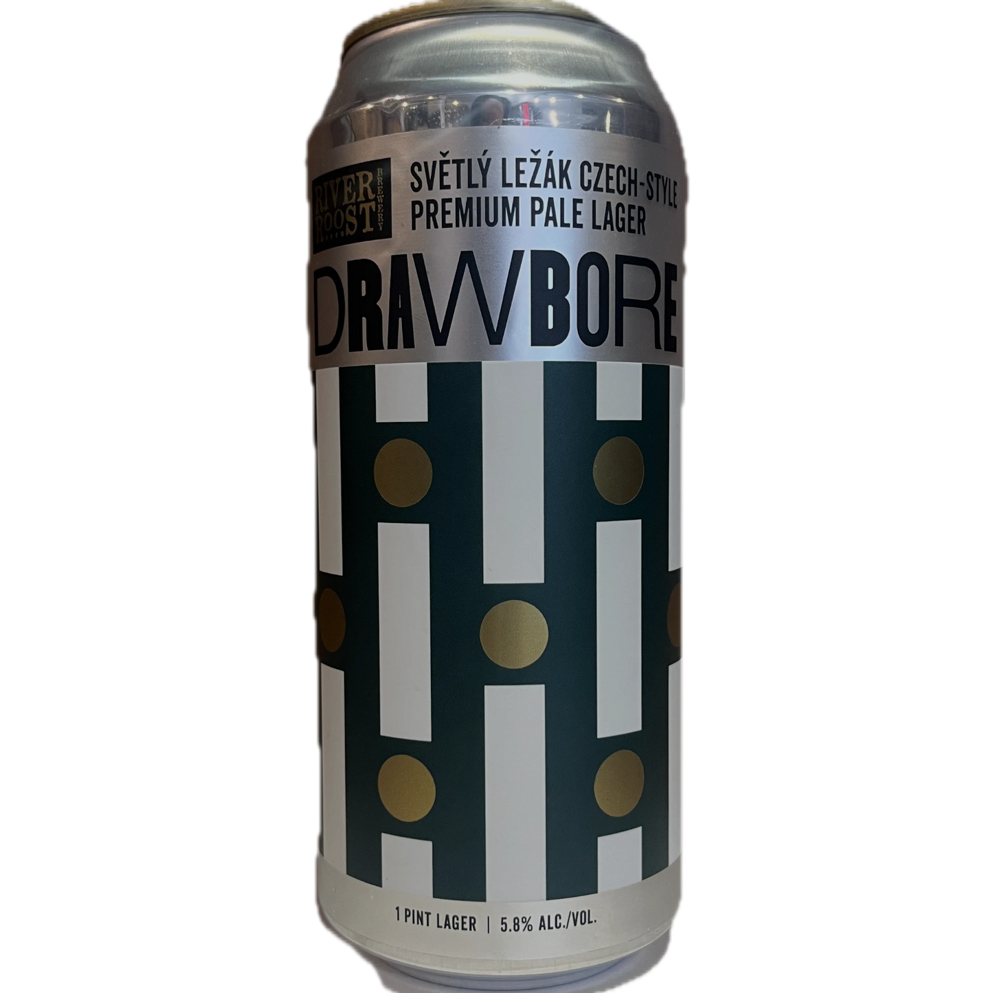 Stowe Public House & Bottle Shop's Drawbore Lager, a Czech-style premium pale lager in a can with a white, dark green, and gold geometric pattern.