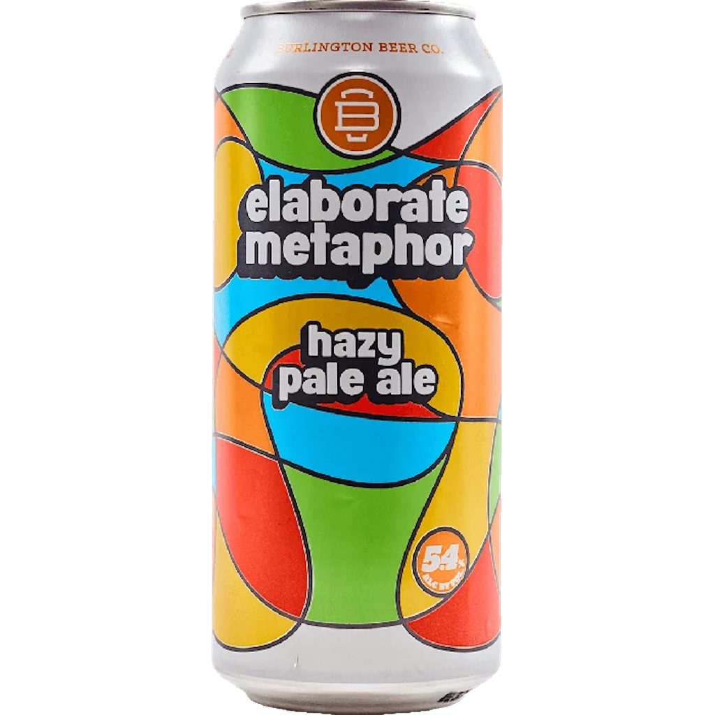 Stowe Public House & Bottle Shop Elaborate Metaphor Hazy Pale Ale can with colorful abstract design. Flavors of citrus, passion fruit, melon, and wildflowers.