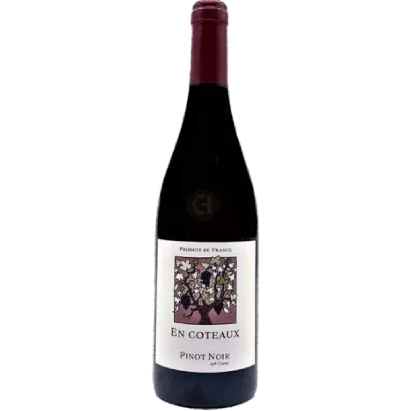 Stowe Public House & Bottle Shop Carrel Coteaux Pinot Noir wine bottle. Ruby-colored, organic, naturally fermented, no sulfites added.