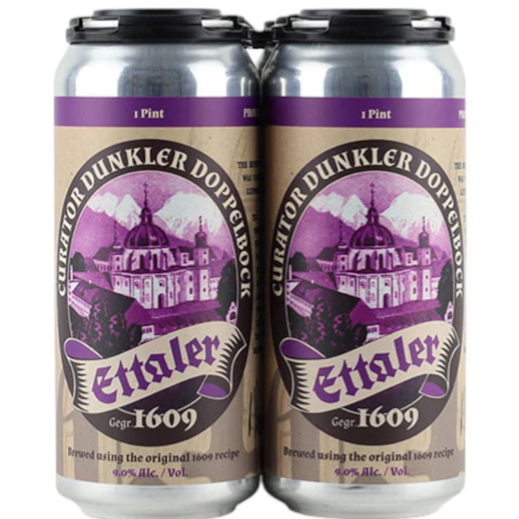 Stowe Public House & Bottle Shop: Ettaler Curator Doppelbock beer can with purple label featuring a monastery and mountains. Brewed using original 1609 recipe, 9.0% Alc./Vol.