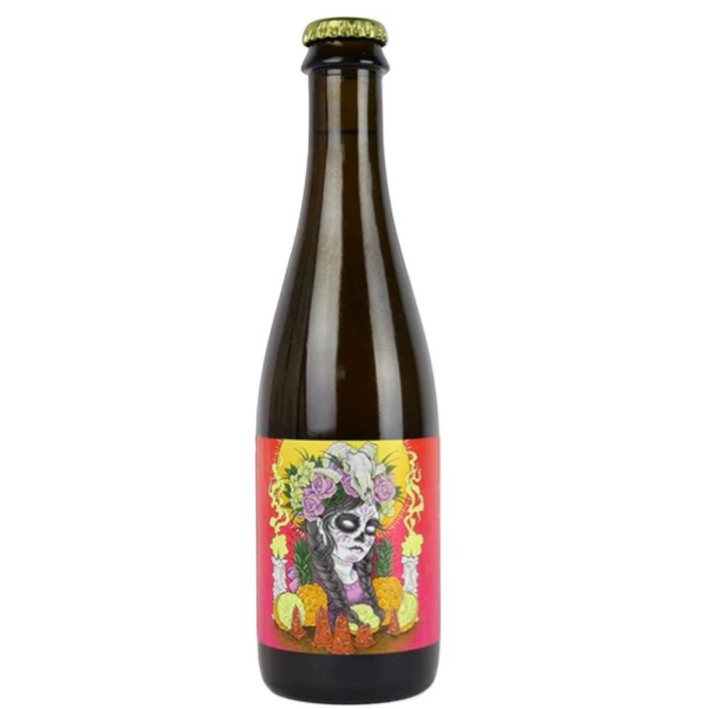 Stowe Public House Fandango wild ale bottle with pineapple and cinnamon. Features a Day of the Dead inspired label art.