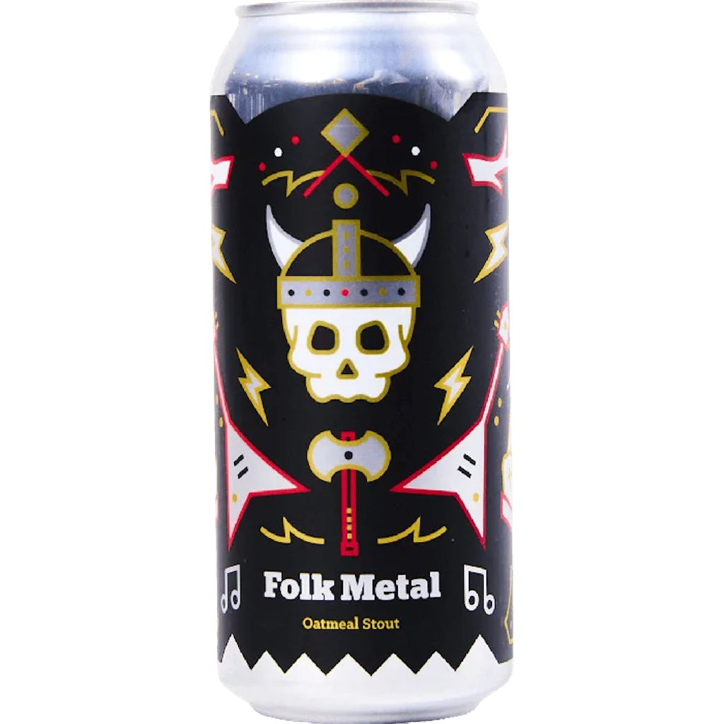 Stowe Public House Folk Metal Oatmeal Stout can with skull, Viking helmet, axe, and guitars.