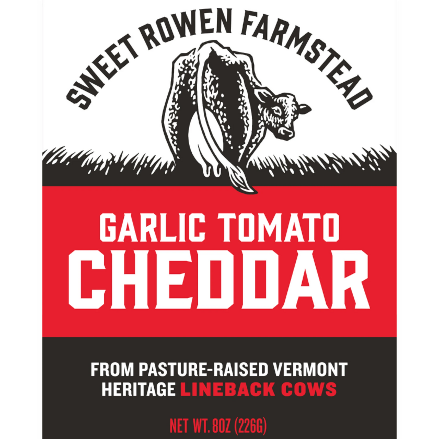 Sweet Rowen Farmstead Garlic Tomato Cheddar cheese label with a cow illustration. From Stowe Public House & Bottle Shop.