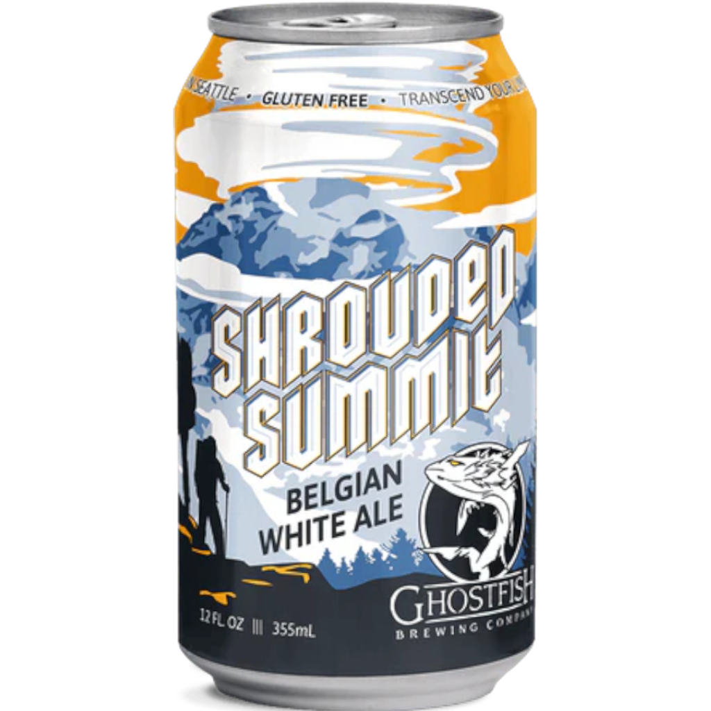 Stowe Public House Ghostfish Brewing Co. Shrouded Summit Belgian White Ale - Gluten Free can. Hazy golden body, snowy head, juniper and citrus notes.