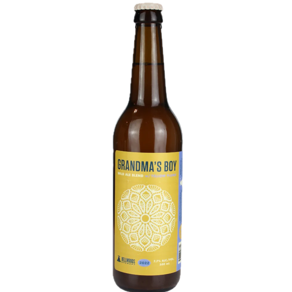 Stowe Public House & Bottle Shop: Bellwoods Brewery Grandma's Boy Yellow Plum Wild Ale bottle. Yellow label with intricate white design.
