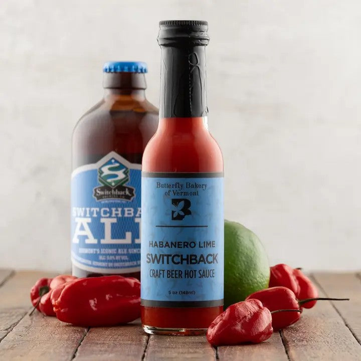 Stowe Public House & Bottle Shop Butterfly Bakery Habanero Lime Switchback Craft Beer Hot Sauce with habanero peppers and lime.